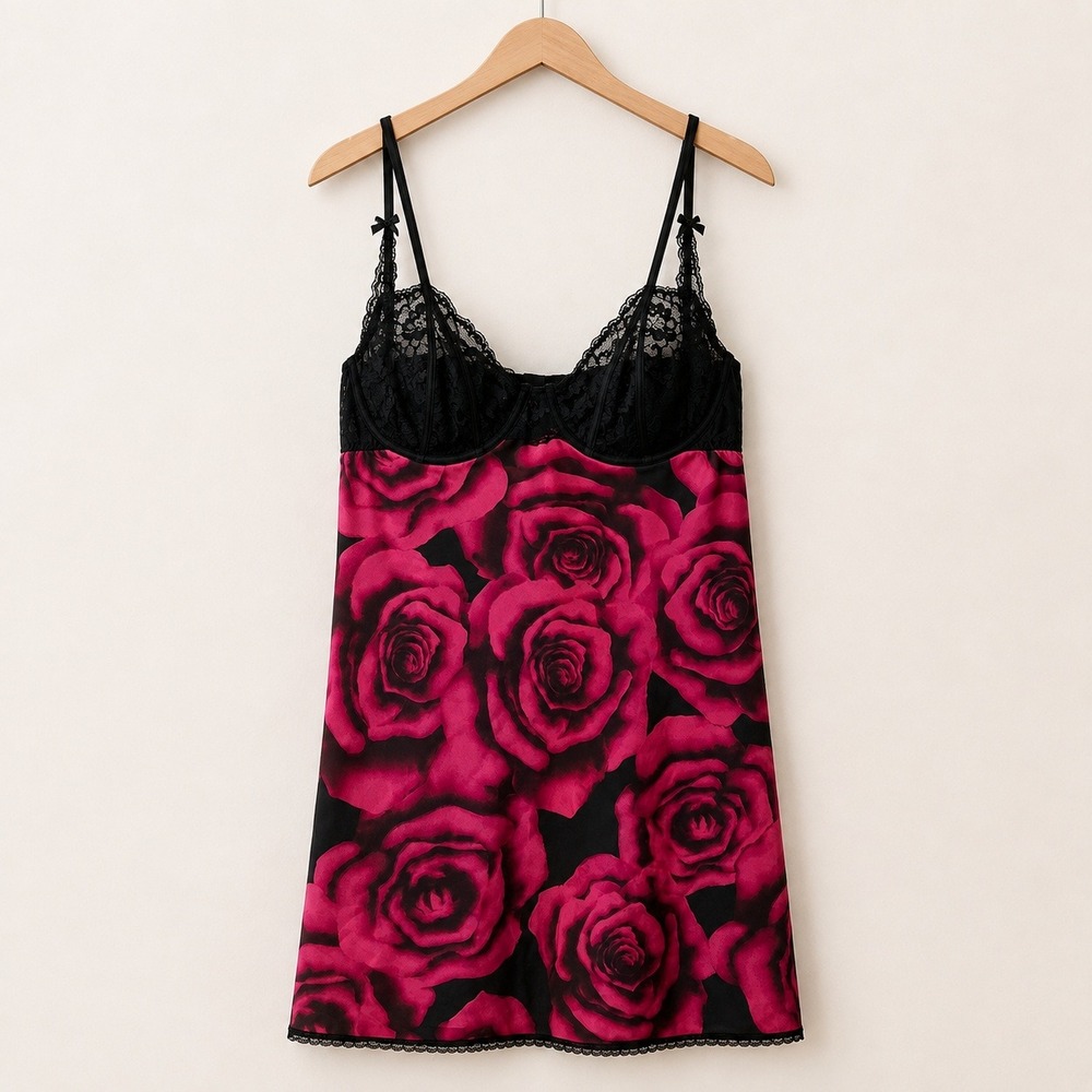 Morgan Taylor Coquette Rose Print Chemise Women 1X Gothic Romantic Lace Lingerie